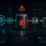 Abstract AI workflow reaching a delete action against a production database with backup and approval safeguards nearby