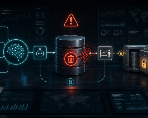 Abstract AI workflow reaching a delete action against a production database with backup and approval safeguards nearby