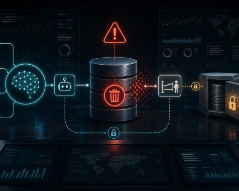Abstract AI workflow reaching a delete action against a production database with backup and approval safeguards nearby