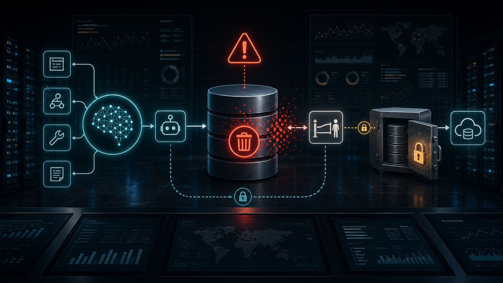 Abstract AI workflow reaching a delete action against a production database with backup and approval safeguards nearby