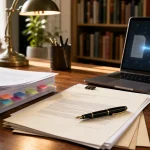 Publishing contract, manuscript pages and laptop with abstract AI document graphics on a writer's desk