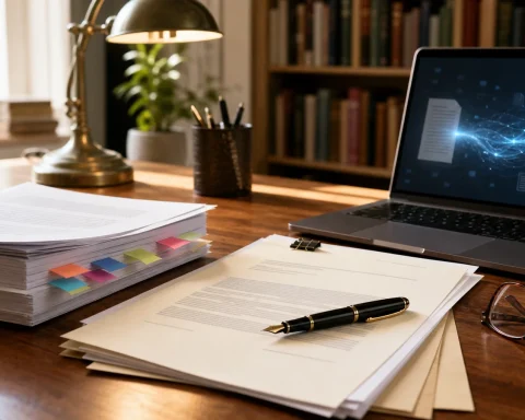 Publishing contract, manuscript pages and laptop with abstract AI document graphics on a writer's desk