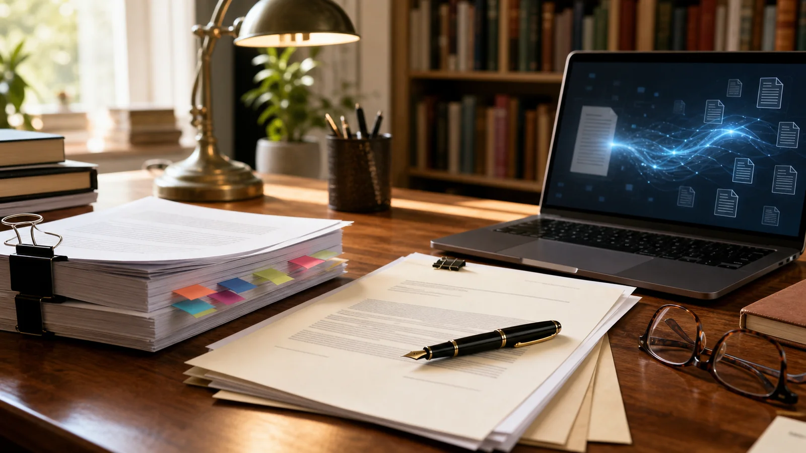 Publishing contract, manuscript pages and laptop with abstract AI document graphics on a writer's desk