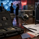 Advanced AI chips in a secure protective case on a diplomatic conference table