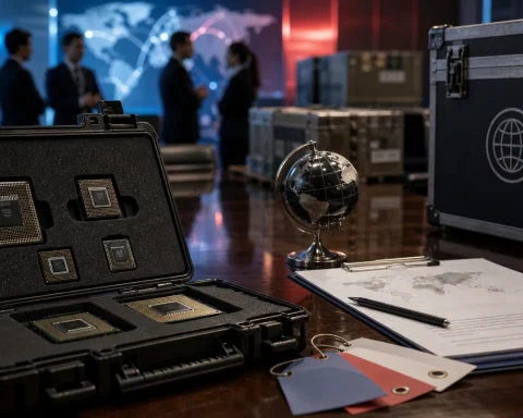 Advanced AI chips in a secure protective case on a diplomatic conference table