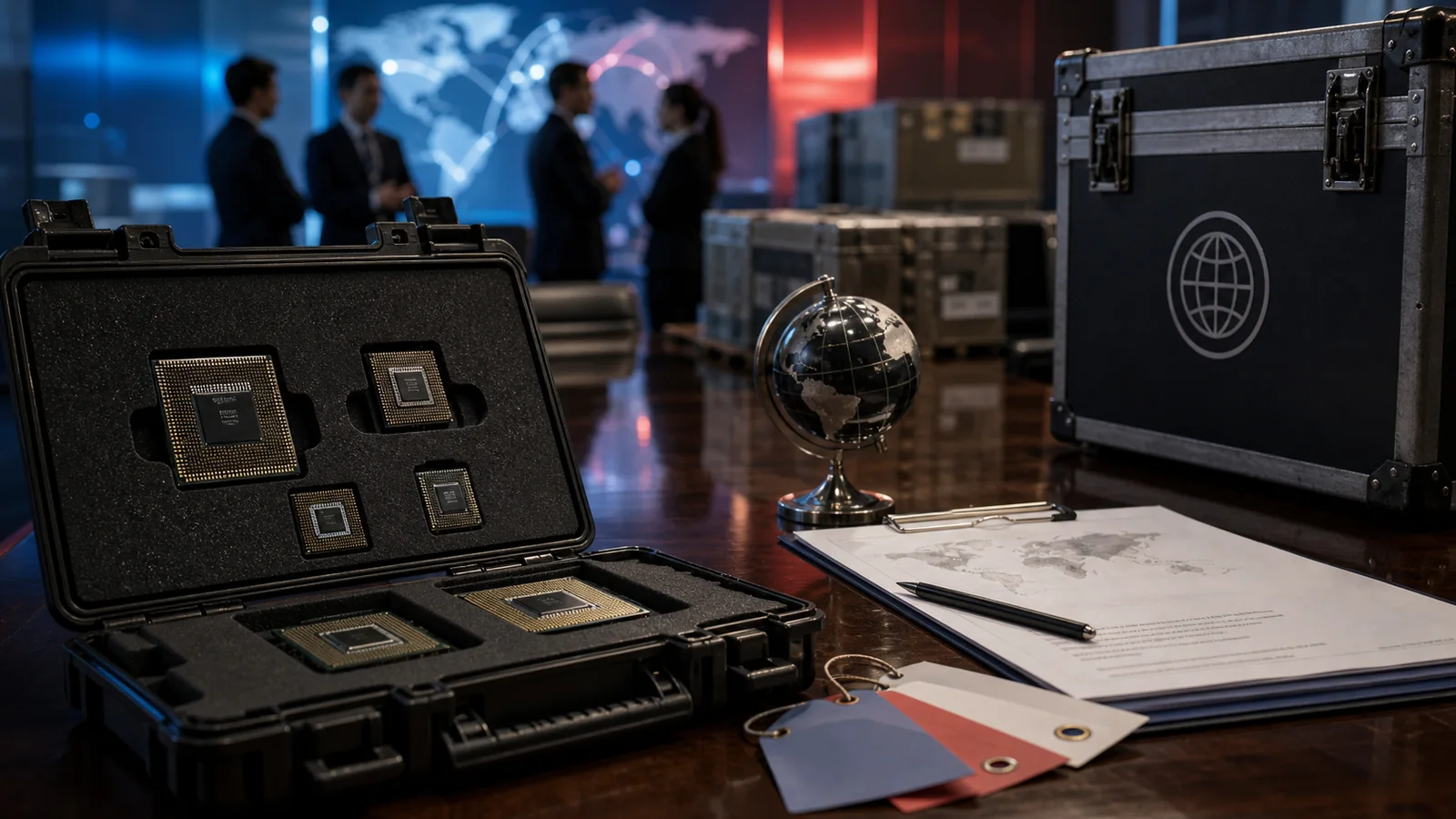 Advanced AI chips in a secure protective case on a diplomatic conference table