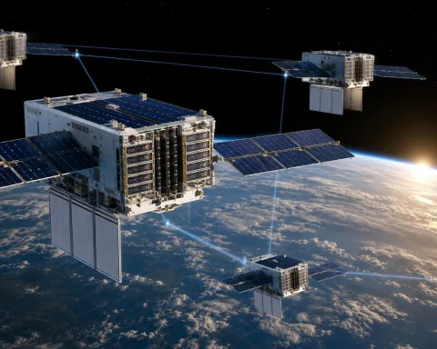 Solar-powered AI data center satellites linked by laser connections above Earth