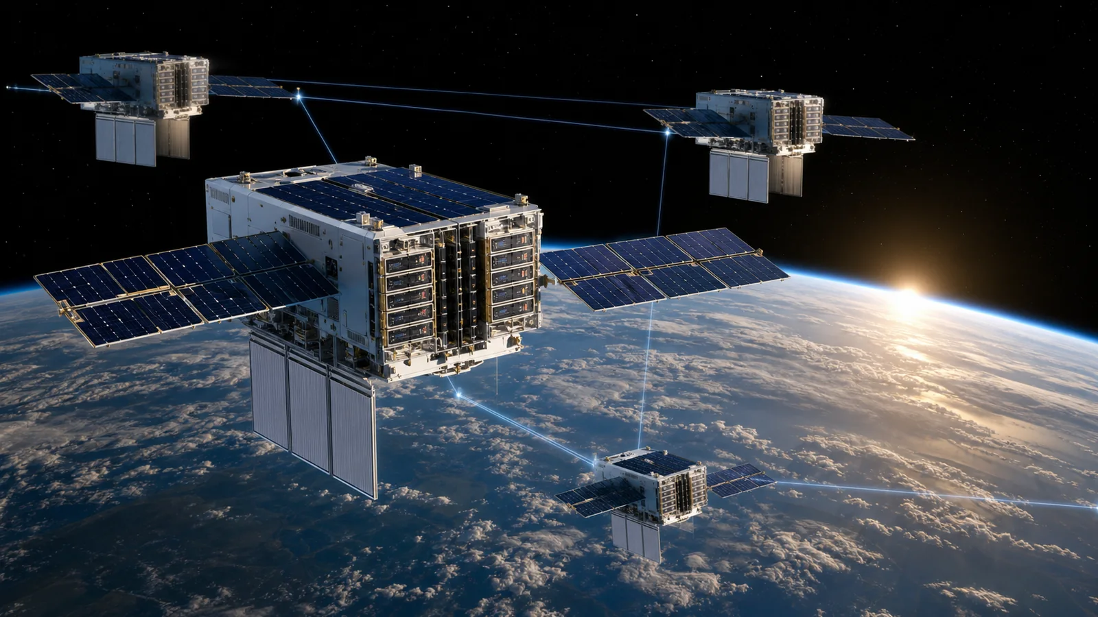 Solar-powered AI data center satellites linked by laser connections above Earth