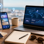 Travel planning table with passport, laptop, abstract itinerary cards, and AI-assisted route lines