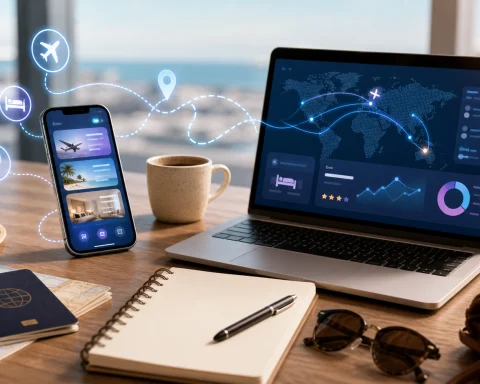 Travel planning table with passport, laptop, abstract itinerary cards, and AI-assisted route lines