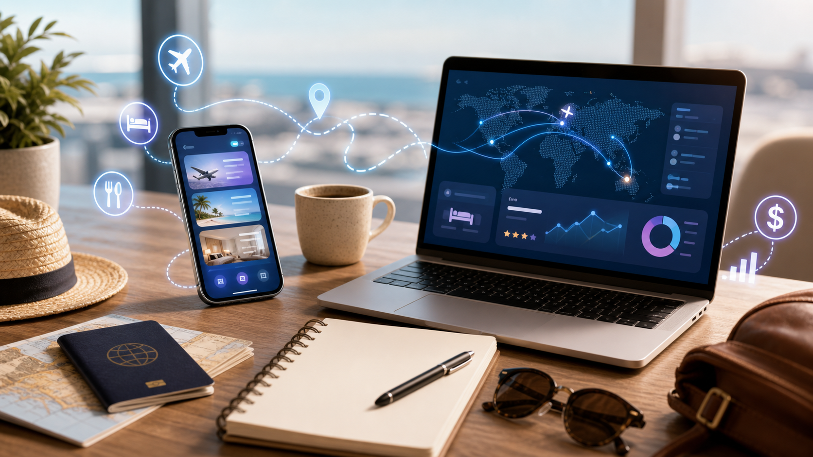 Travel planning table with passport, laptop, abstract itinerary cards, and AI-assisted route lines