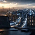 Editorial illustration of a developer terminal connected to large AI data center infrastructure and power grid symbols
