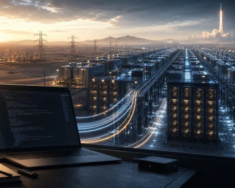 Editorial illustration of a developer terminal connected to large AI data center infrastructure and power grid symbols