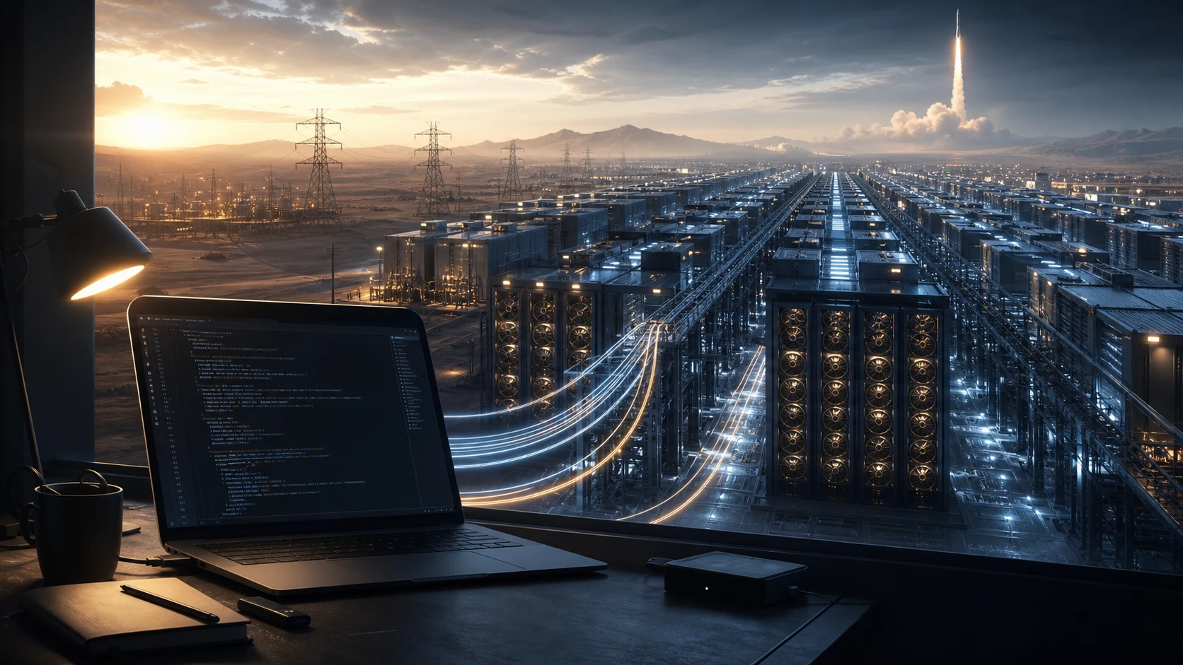 Editorial illustration of a developer terminal connected to large AI data center infrastructure and power grid symbols
