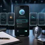 Editorial illustration of a generic smartphone showing AI model choice cards with privacy controls and a legal document on a tech desk