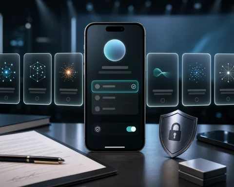 Editorial illustration of a generic smartphone showing AI model choice cards with privacy controls and a legal document on a tech desk
