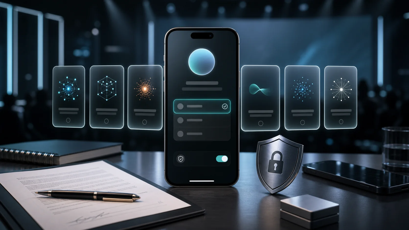 Editorial illustration of a generic smartphone showing AI model choice cards with privacy controls and a legal document on a tech desk