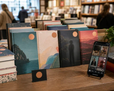 Bookstore display of trending novels beside a smartphone showing a generic short-form video feed