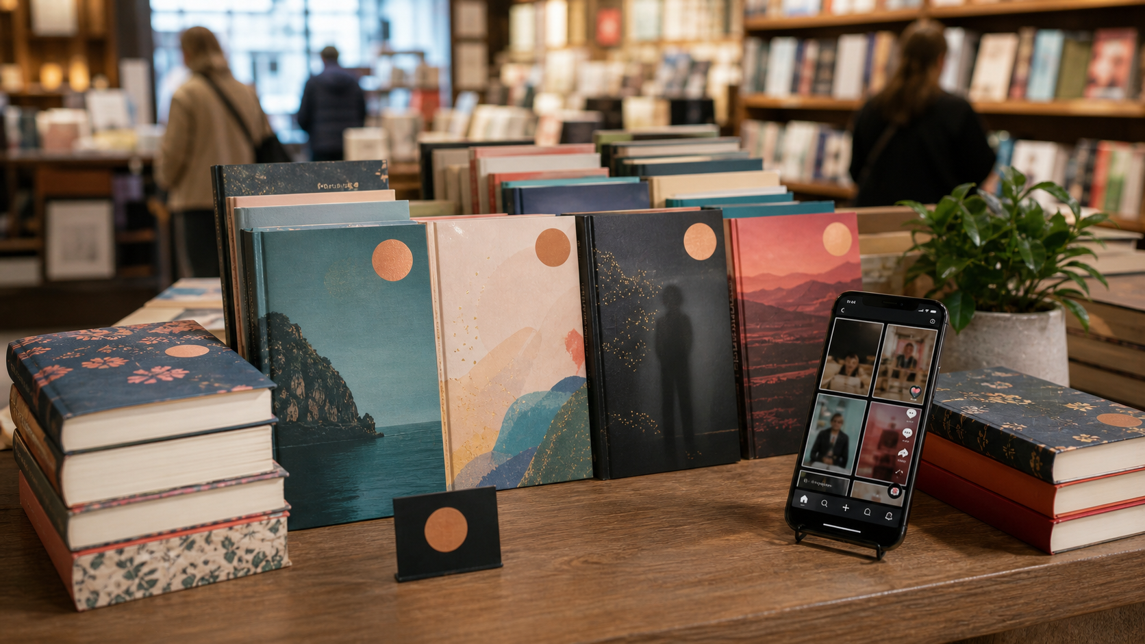 Bookstore display of trending novels beside a smartphone showing a generic short-form video feed