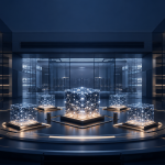 Secure AI evaluation room with abstract model testing dashboards and national security review indicators