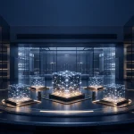Secure AI evaluation room with abstract model testing dashboards and national security review indicators