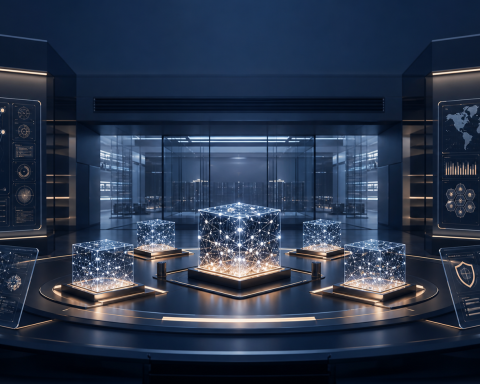 Secure AI evaluation room with abstract model testing dashboards and national security review indicators