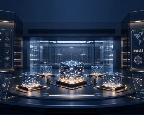 Secure AI evaluation room with abstract model testing dashboards and national security review indicators