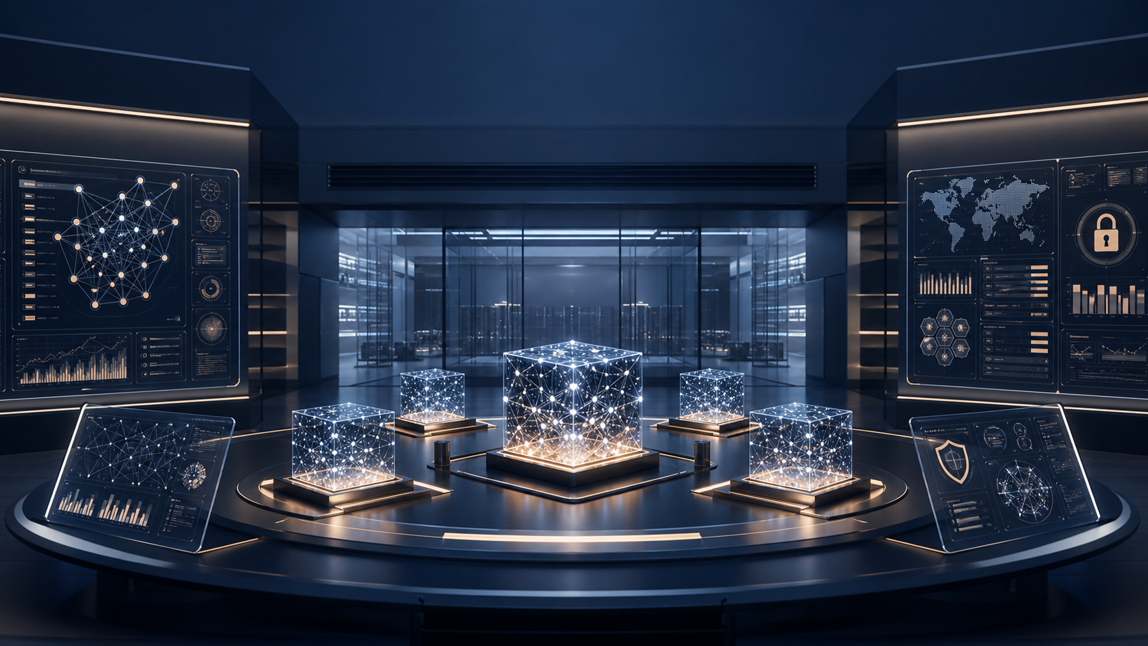 Secure AI evaluation room with abstract model testing dashboards and national security review indicators