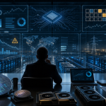 CIO reviewing AI infrastructure costs, chip supply, cloud usage, and power grid dashboards above a data center