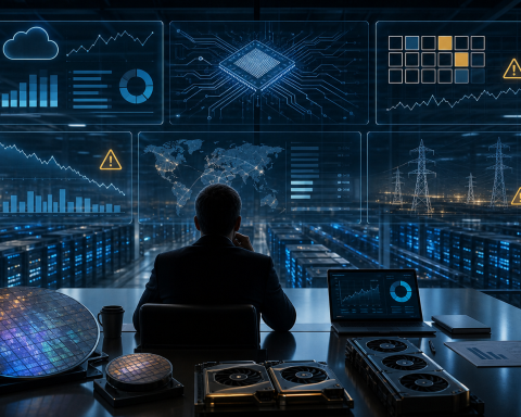 CIO reviewing AI infrastructure costs, chip supply, cloud usage, and power grid dashboards above a data center