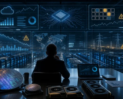CIO reviewing AI infrastructure costs, chip supply, cloud usage, and power grid dashboards above a data center
