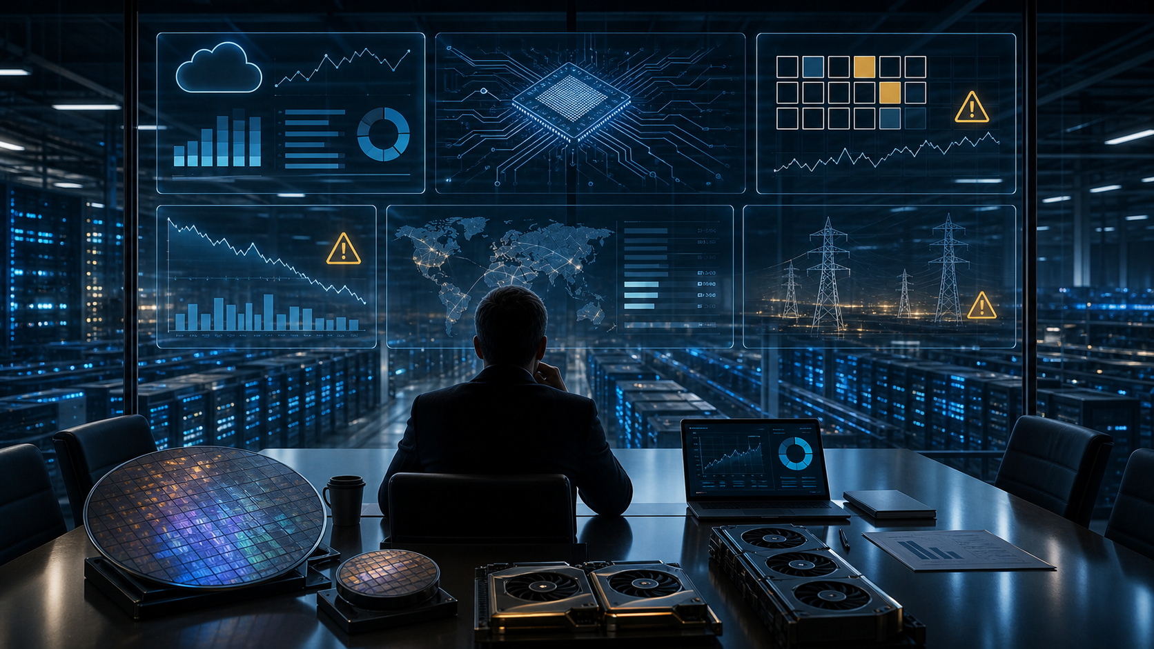CIO reviewing AI infrastructure costs, chip supply, cloud usage, and power grid dashboards above a data center