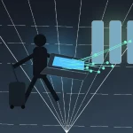 Developer walking through an airport with a half-open laptop showing abstract AI workflow lights