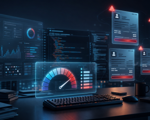 Editorial illustration of AI coding usage meters and billing confusion on a developer workstation