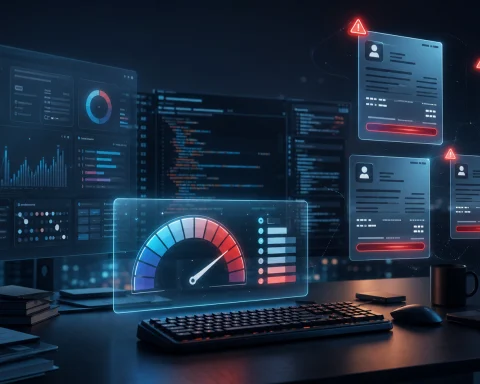 Editorial illustration of AI coding usage meters and billing confusion on a developer workstation