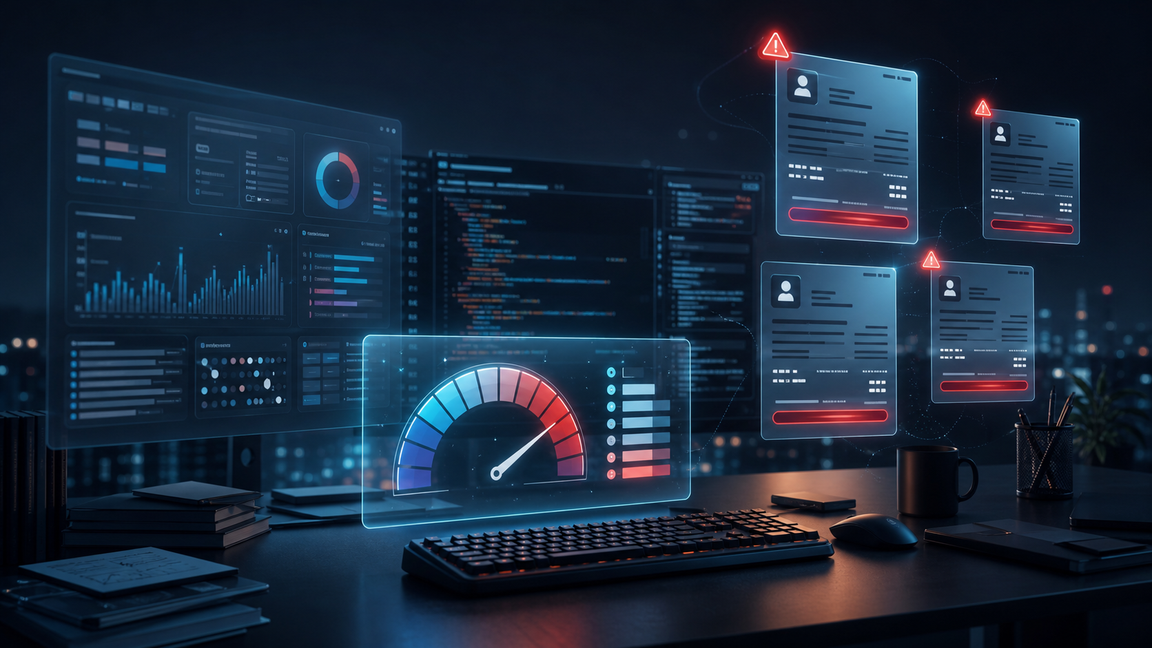 Editorial illustration of AI coding usage meters and billing confusion on a developer workstation