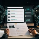 Editorial illustration of AI search panels, analytics charts, article sources and structured content flowing into a search results interface