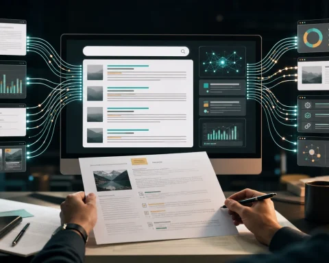 Editorial illustration of AI search panels, analytics charts, article sources and structured content flowing into a search results interface