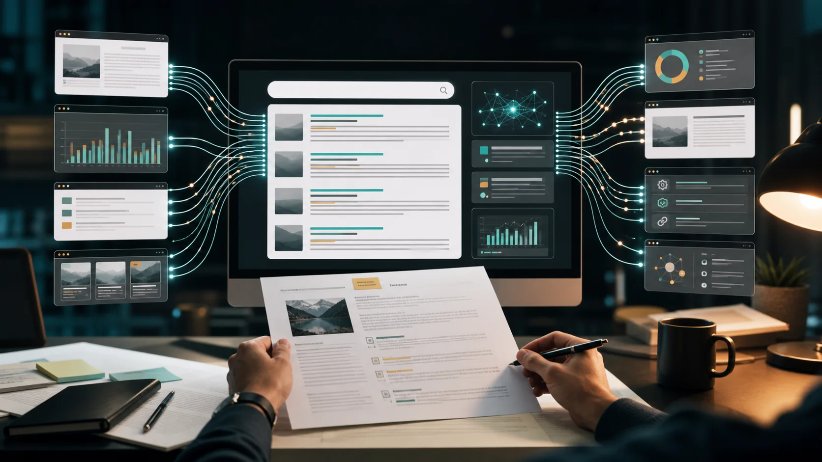 Editorial illustration of AI search panels, analytics charts, article sources and structured content flowing into a search results interface