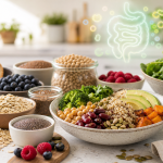 High fiber foods including oats, berries, beans, lentils, greens, seeds, and whole grains on a kitchen counter