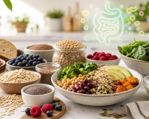 High fiber foods including oats, berries, beans, lentils, greens, seeds, and whole grains on a kitchen counter