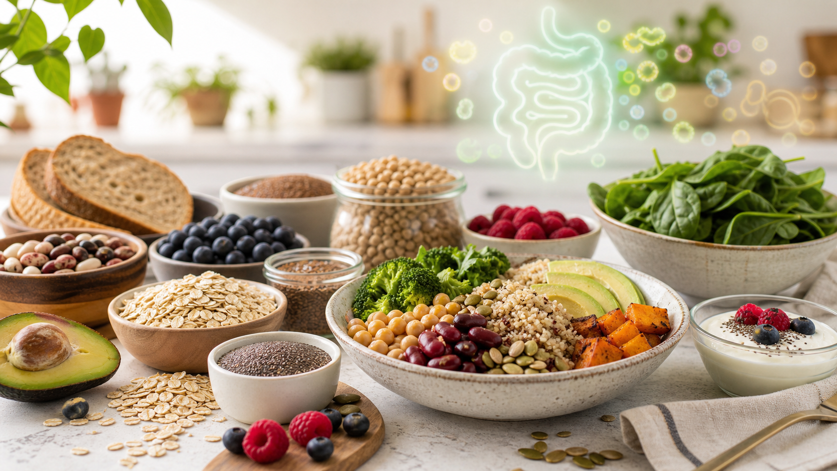 High fiber foods including oats, berries, beans, lentils, greens, seeds, and whole grains on a kitchen counter