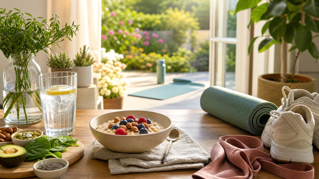 Morning wellness routine with water, nourishing food, fresh air, and gentle movement for anxiety management