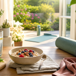 Morning wellness routine with water, nourishing food, fresh air, and gentle movement for anxiety management