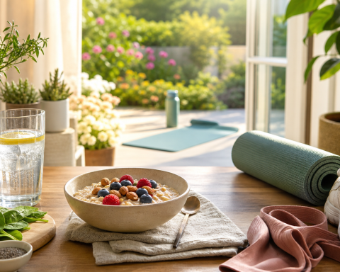 Morning wellness routine with water, nourishing food, fresh air, and gentle movement for anxiety management