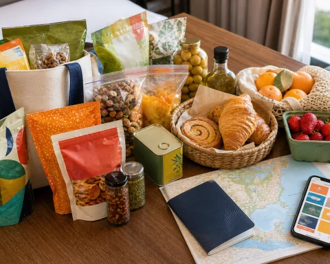 Hotel table covered with international snacks, pastries, market fruit, spices, a food map, and travel items