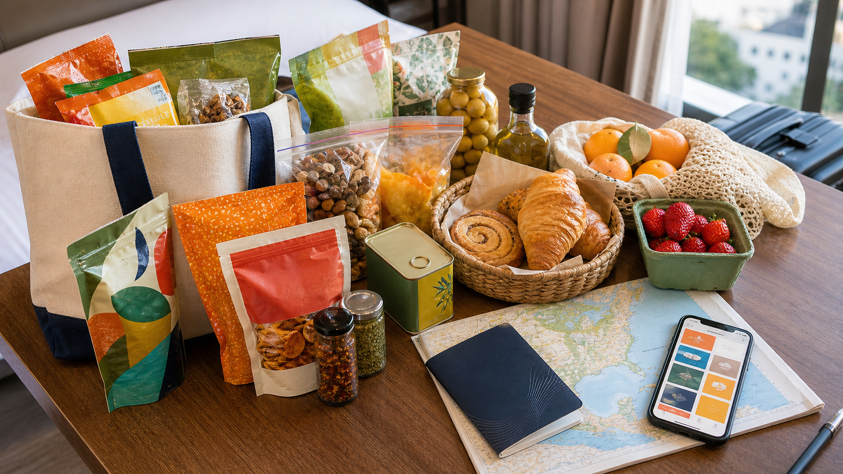 Hotel table covered with international snacks, pastries, market fruit, spices, a food map, and travel items