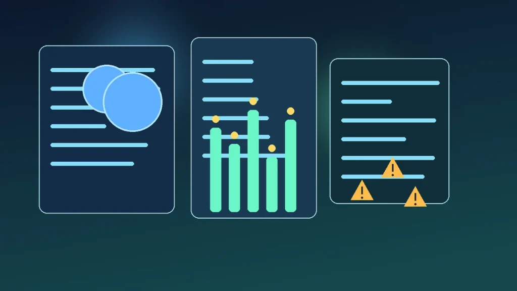 Abstract benchmark dashboard with AI model cards, code windows and warning markers