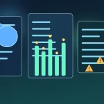 Abstract benchmark dashboard with AI model cards, code windows and warning markers