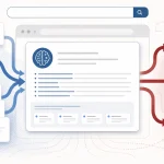 Editorial illustration of an AI search answer panel pulling together forum comments, article cards, and traffic arrows